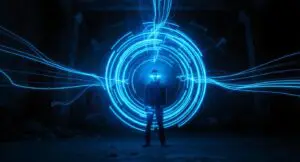 Light painting model in blauw