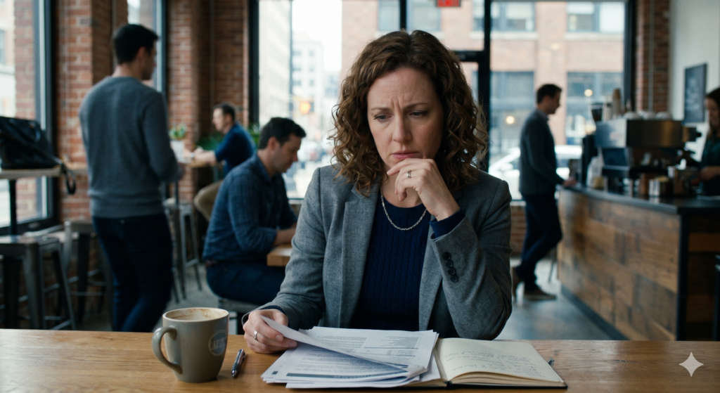 verdrietige vrouw aan tafel