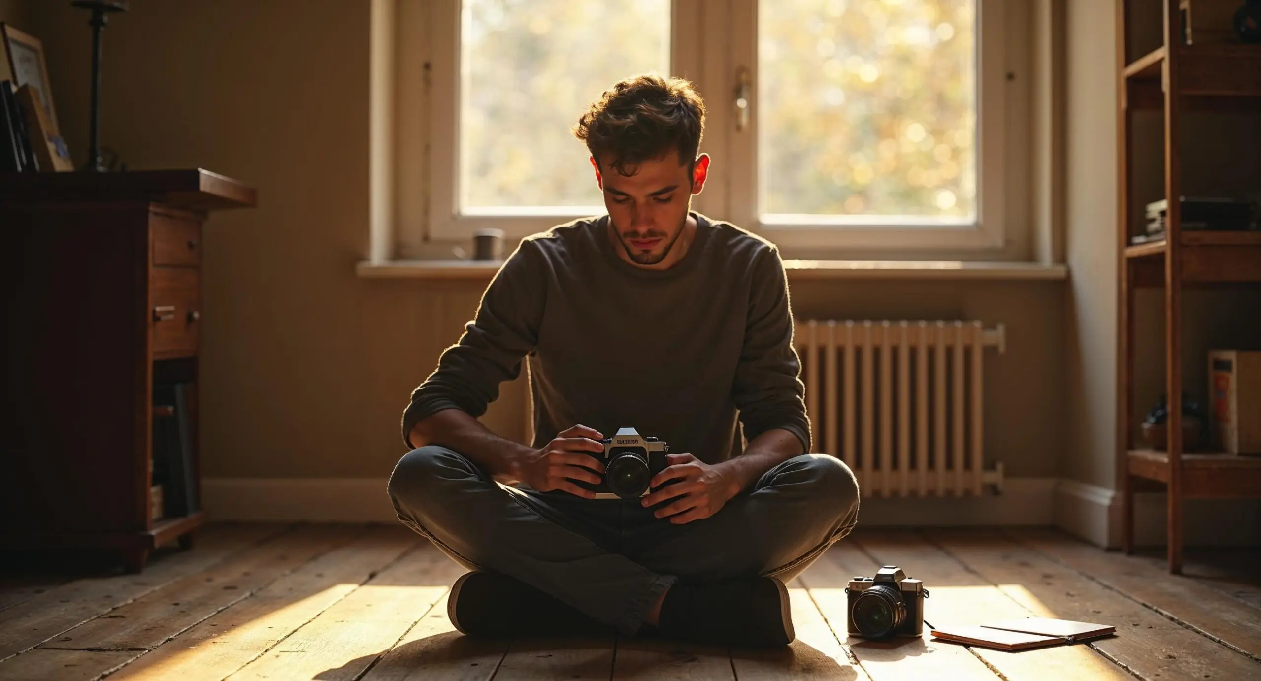 Jonge fotograaf bestudeert aandachtig de instellingen van zijn camera in een warm verlicht studio-appartement met bokeh achtergrond
