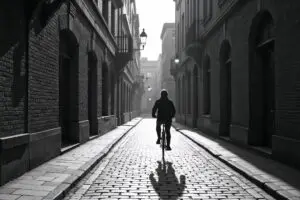 Fietser op Europese kasseienstraat met dramatische schaduwen en contrastrijke architectuur in zwart-wit sfeer