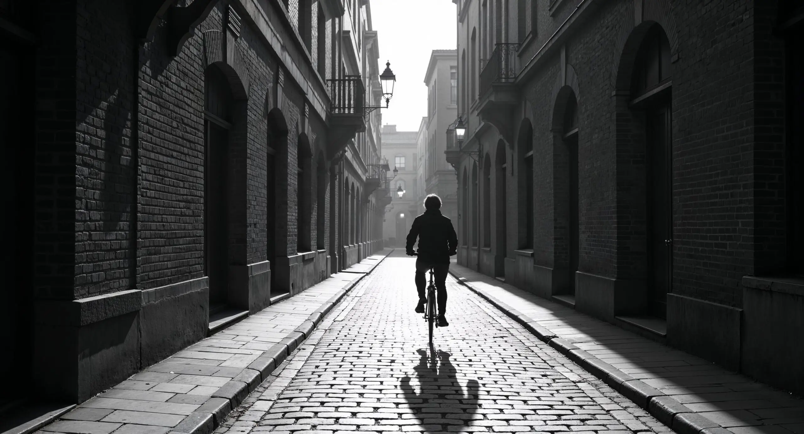 Fietser op Europese kasseienstraat met dramatische schaduwen en contrastrijke architectuur in zwart-wit sfeer