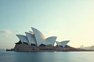 Minimalistische fotografie van de Sydney Opera House met dramatisch zijlicht en een lege lucht die rust en stilte uitstraalt