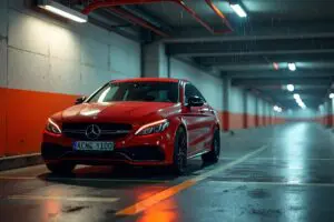Vivid red car parked against weathered grey concrete wall in a dimly lit parking garage with mixed warm and cool lighting