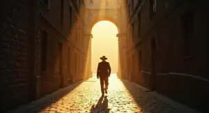 Elderly man in a hat pauses in a sunlit beam inside a narrow shadowed European alley, framed by stone walls with a glowing archway in the background