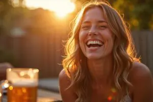 Vrouw lacht ontspannen tijdens een zomerse BBQ terwijl gouden tegenlicht door haar haar schijnt en een beslagen bierglas op de voorgrond zacht onscherp is