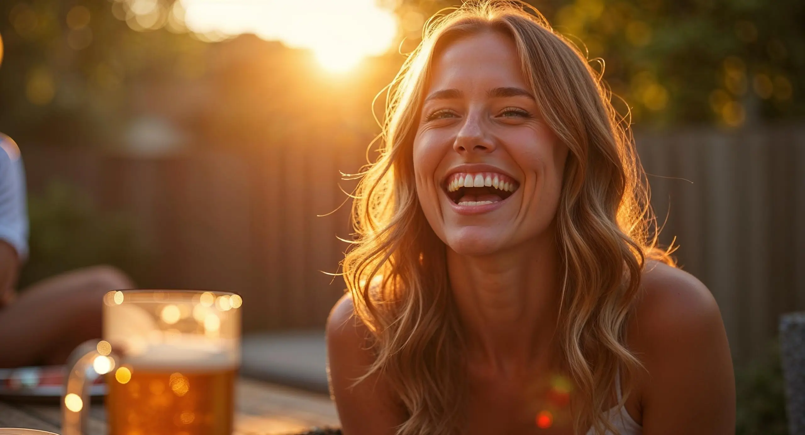 Vrouw lacht ontspannen tijdens een zomerse BBQ terwijl gouden tegenlicht door haar haar schijnt en een beslagen bierglas op de voorgrond zacht onscherp is