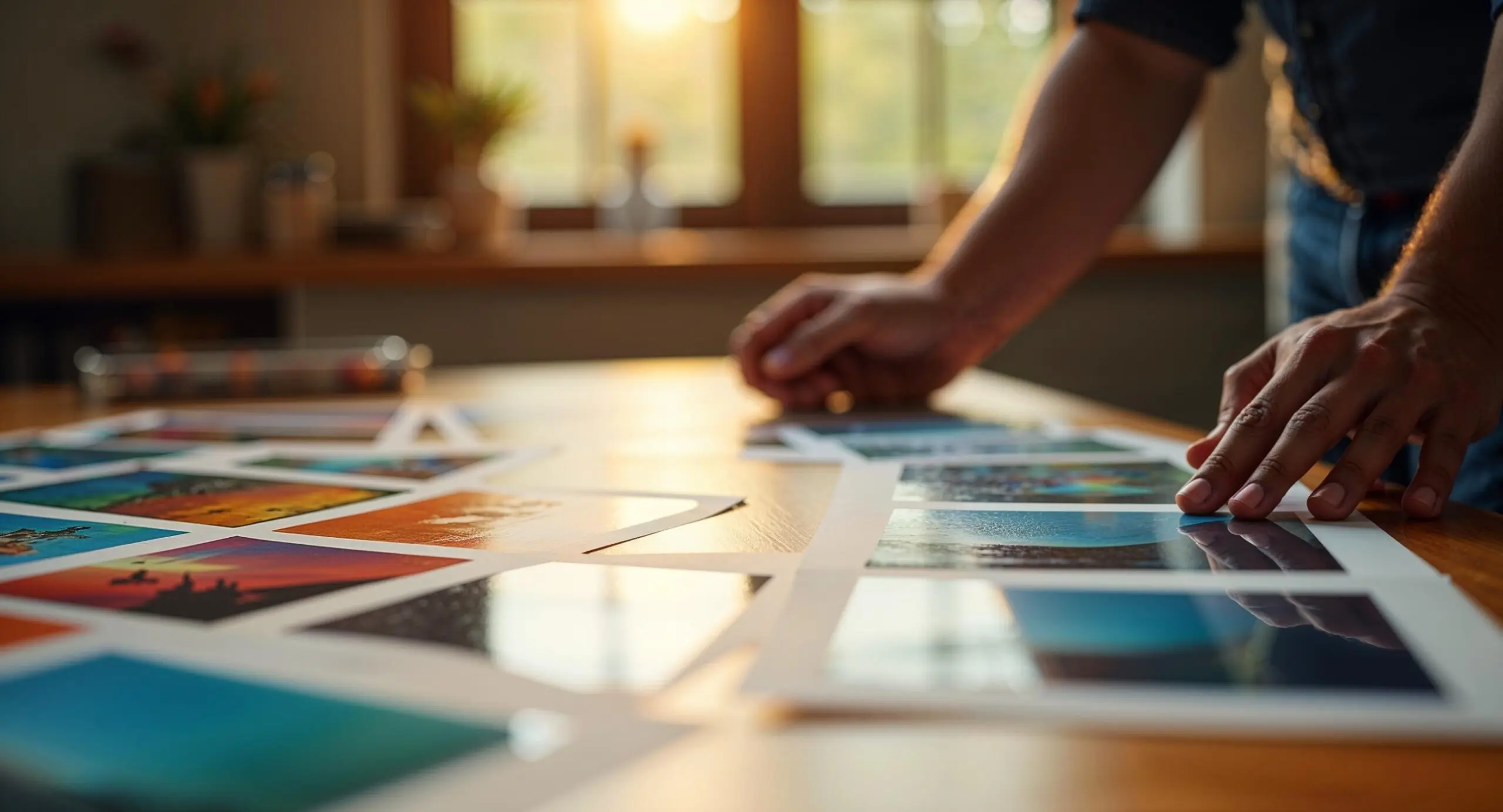 Photographer reviewing colorful prints on a wooden table in warm morning light, exploring the difference between color and black-and-white photography
