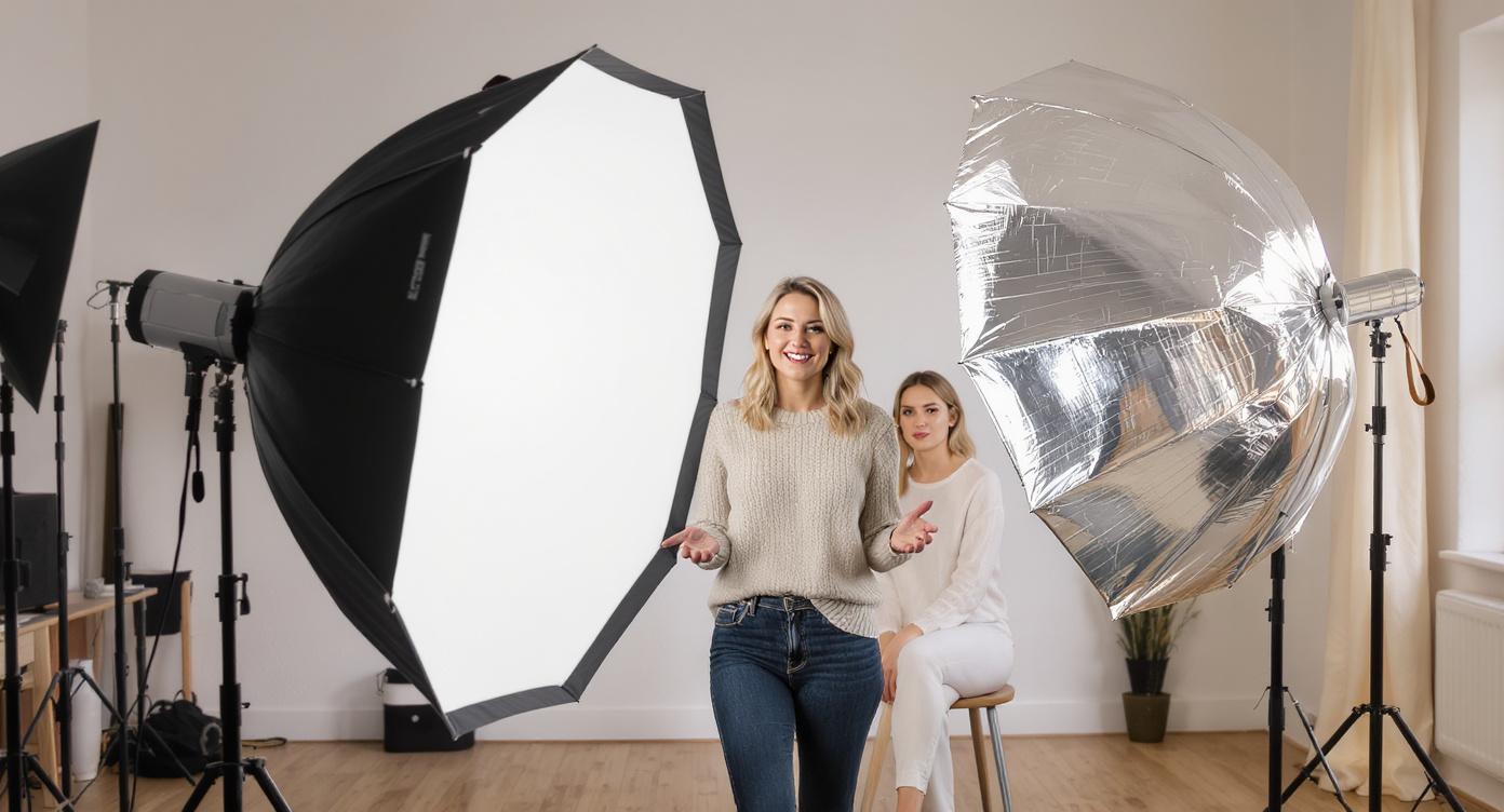 Vreschil tussen een softbox en een reflectie paraplu