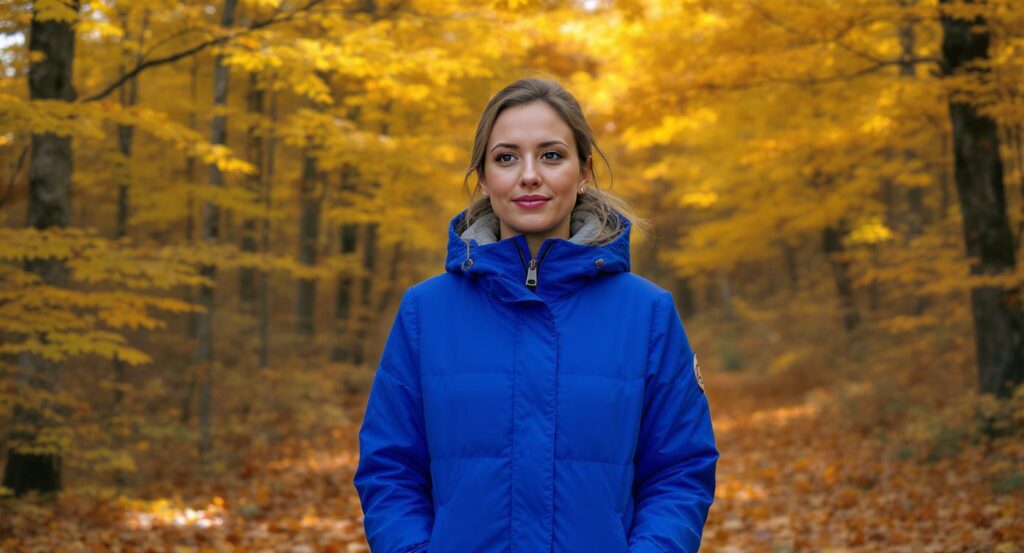 Vrouw met blauwe jas in een geel bos, complementaire kleuren