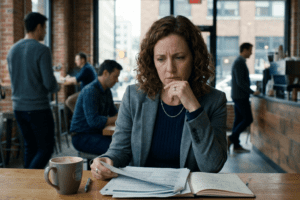 verdrietige vrouw aan tafel