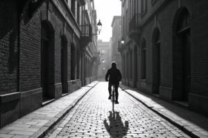 Fietser op Europese kasseienstraat met dramatische schaduwen en contrastrijke architectuur in zwart-wit sfeer