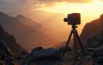 Grote formaat camera op statief in een dramatisch landschap bij gouden uur met zichtbare toonwaarden van diep zwart tot helder wit, illustratie van het zonesysteem van Ansel Adams