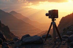 Grote formaat camera op statief in een dramatisch landschap bij gouden uur met zichtbare toonwaarden van diep zwart tot helder wit, illustratie van het zonesysteem van Ansel Adams