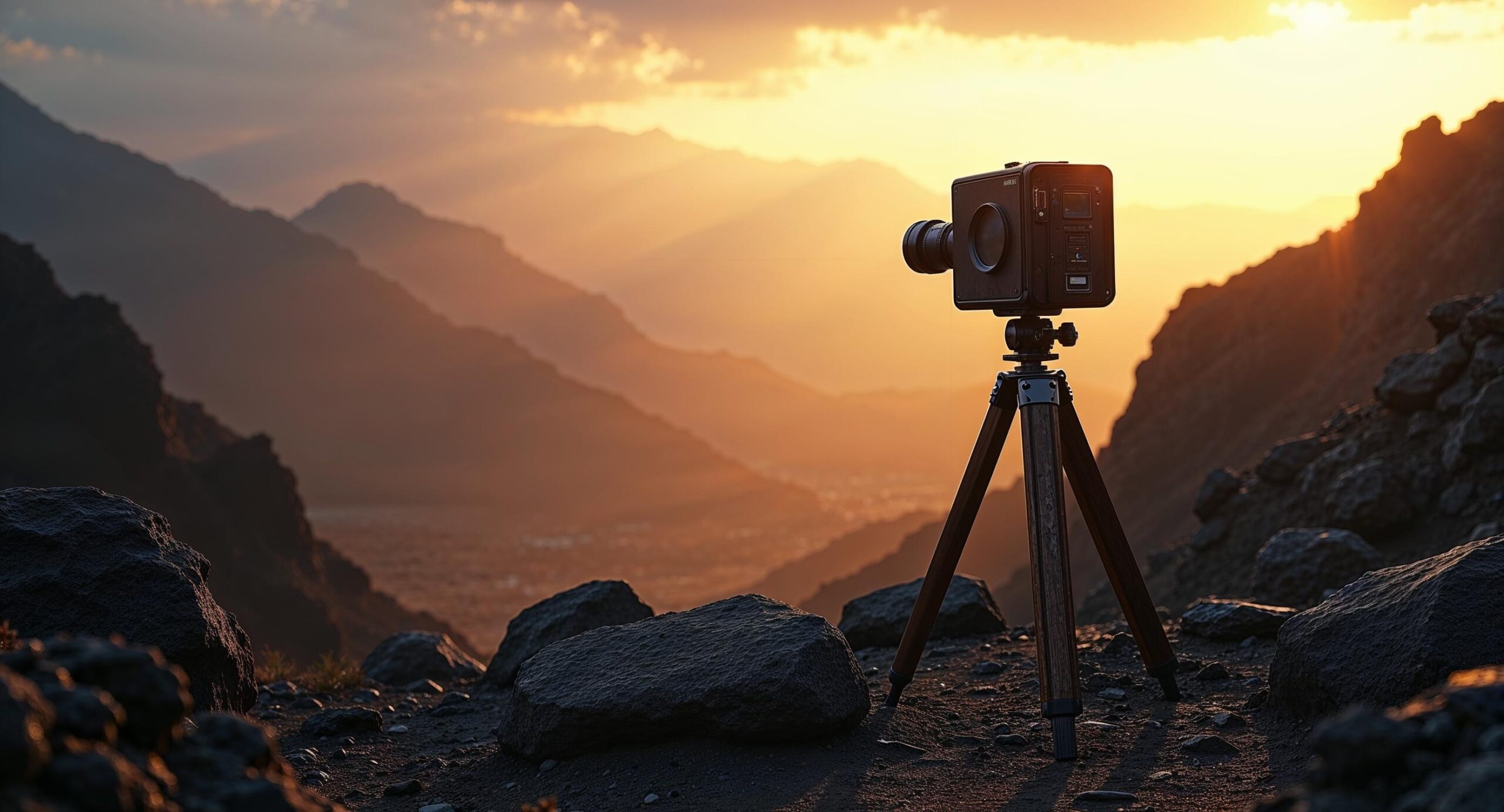 Grote formaat camera op statief in een dramatisch landschap bij gouden uur met zichtbare toonwaarden van diep zwart tot helder wit, illustratie van het zonesysteem van Ansel Adams