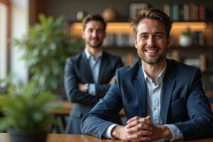 Professionele fotograaf begeleidt een ontspannen zakelijke executive tijdens een portretshoot in een modern kantoor met natuurlijk raamlicht