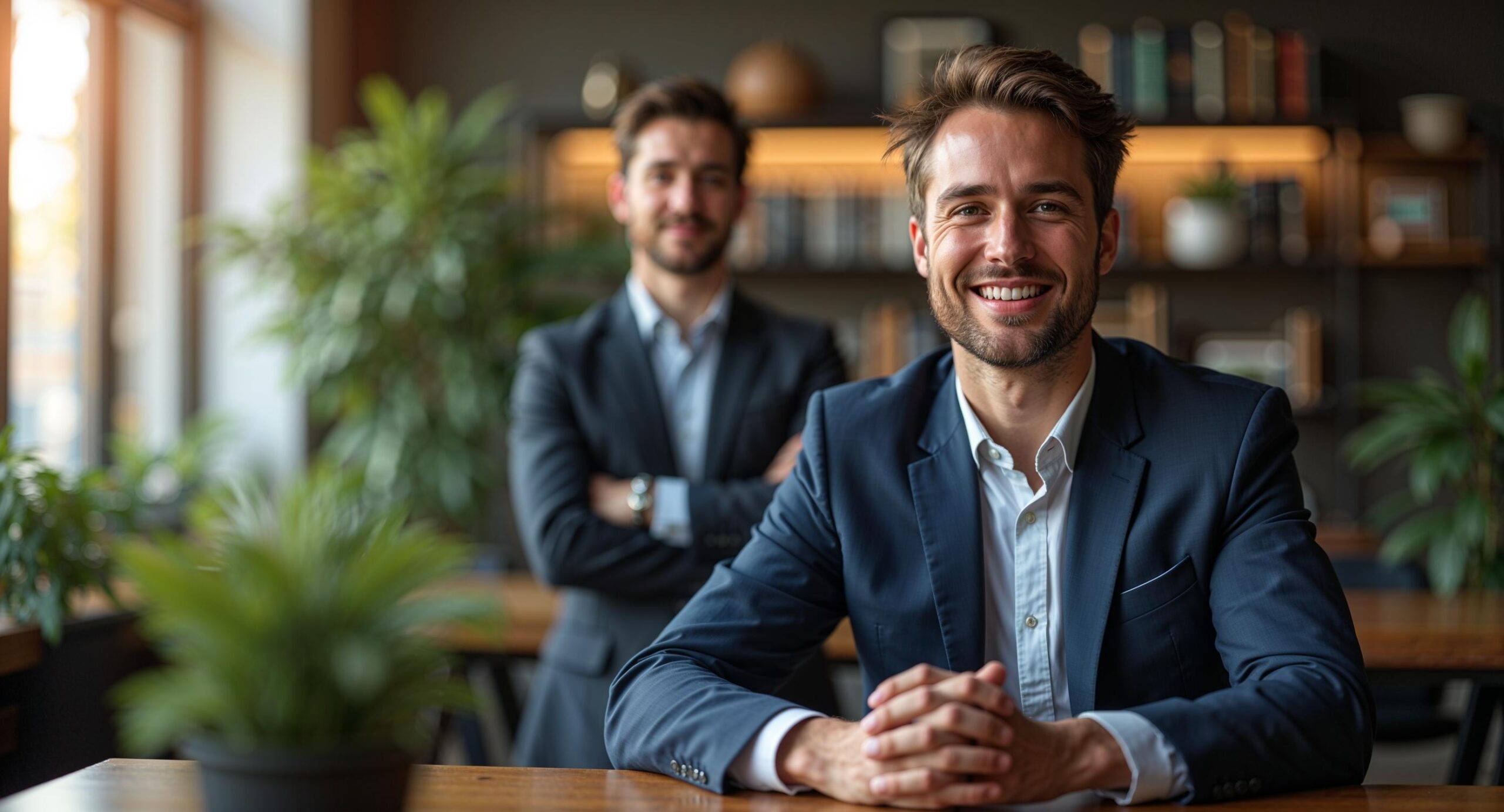 Professionele fotograaf begeleidt een ontspannen zakelijke executive tijdens een portretshoot in een modern kantoor met natuurlijk raamlicht