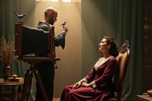 Victoriaanse fotograaf wijst naar een klein mechanisch vogeltje bovenop een houten bellowscamera terwijl een elegant geklede vrouw er aandachtig naar kijkt in een negentiende-eeuwse fotostudio