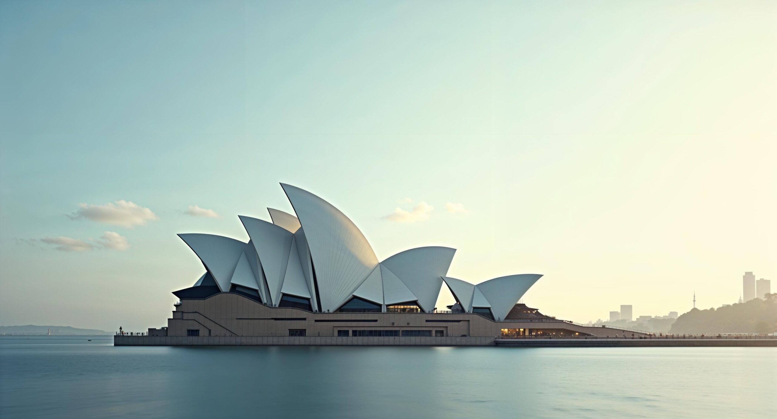Minimalistische fotografie van de Sydney Opera House met dramatisch zijlicht en een lege lucht die rust en stilte uitstraalt