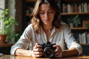 Fotografe past camera-instellingen aan in een warme huisstudio met natuurlijk raamlicht en diepe scherptediepte