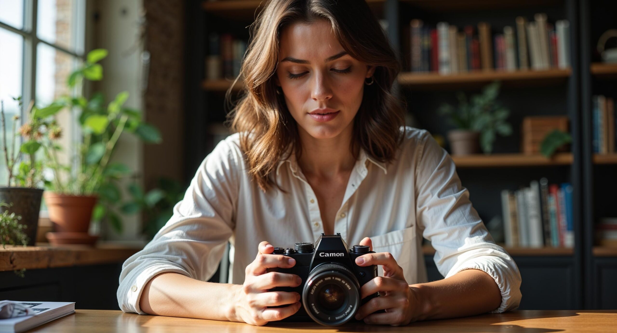 Fotografe past camera-instellingen aan in een warme huisstudio met natuurlijk raamlicht en diepe scherptediepte