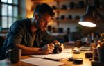 Photographer carefully examining mirrorless camera settings under warm studio lamp light surrounded by gear and handwritten notes