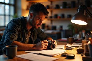 Photographer carefully examining mirrorless camera settings under warm studio lamp light surrounded by gear and handwritten notes