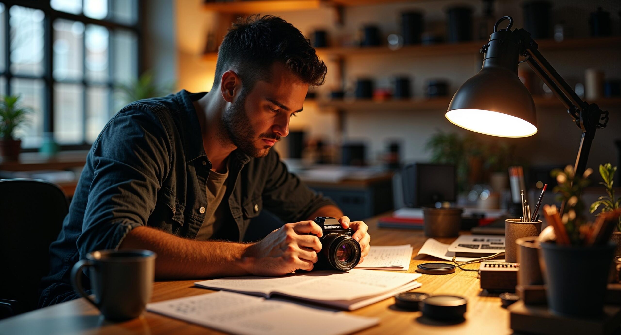 Photographer carefully examining mirrorless camera settings under warm studio lamp light surrounded by gear and handwritten notes
