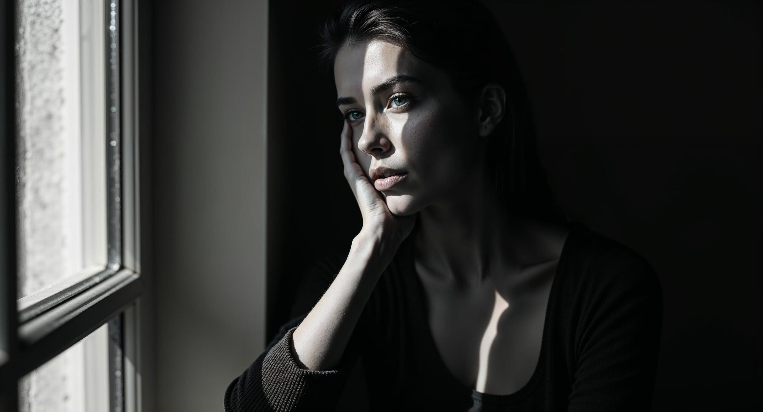 Vrouw gefotografeerd met extreem zijlicht vanuit een raam, waarbij de helft van haar gezicht in diepe schaduw valt en de andere helft scherp belicht is, zwart-wit portret met sculpturaal effect