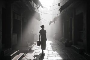 Jonge vrouw in qipao loopt door een mistige Hongkongse steeg in de jaren 50, dramatisch licht snijdt door ochtendmist en creëert geometrische schaduwen op het natte straatoppervlak, zwart-wit filmfotografie in de stijl van Fan Ho