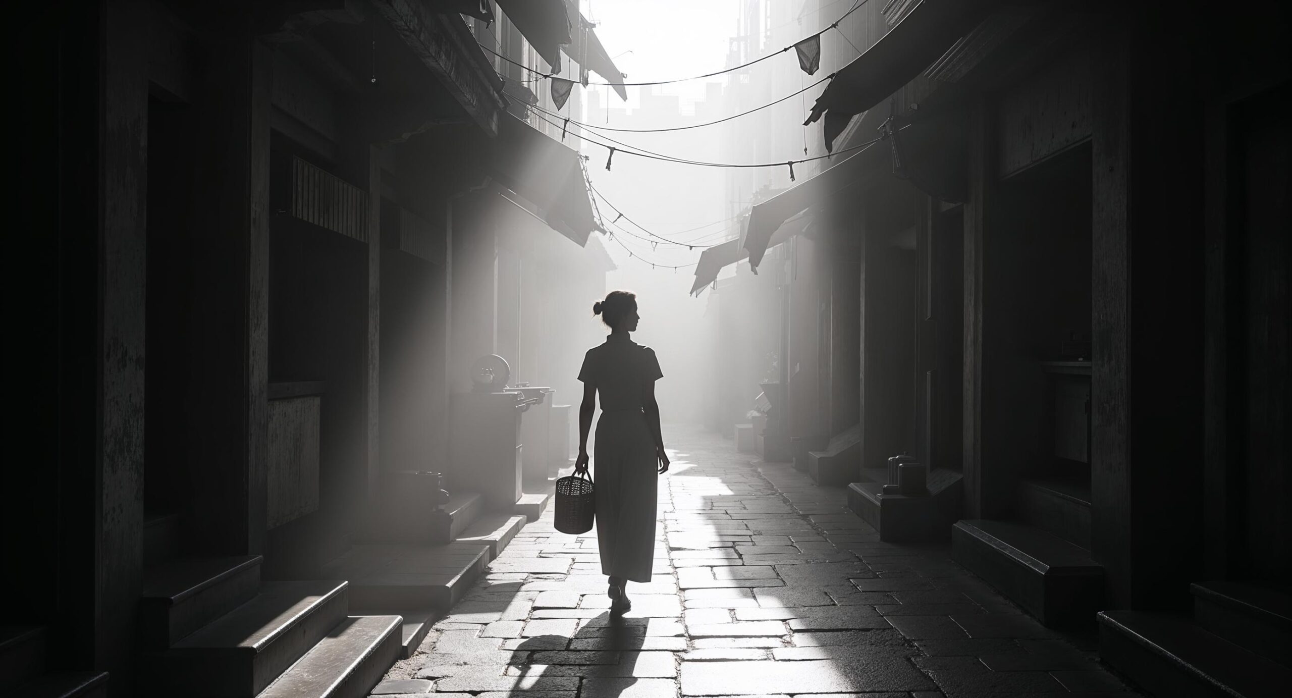 Jonge vrouw in qipao loopt door een mistige Hongkongse steeg in de jaren 50, dramatisch licht snijdt door ochtendmist en creëert geometrische schaduwen op het natte straatoppervlak, zwart-wit filmfotografie in de stijl van Fan Ho