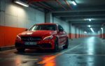 Vivid red car parked against weathered grey concrete wall in a dimly lit parking garage with mixed warm and cool lighting