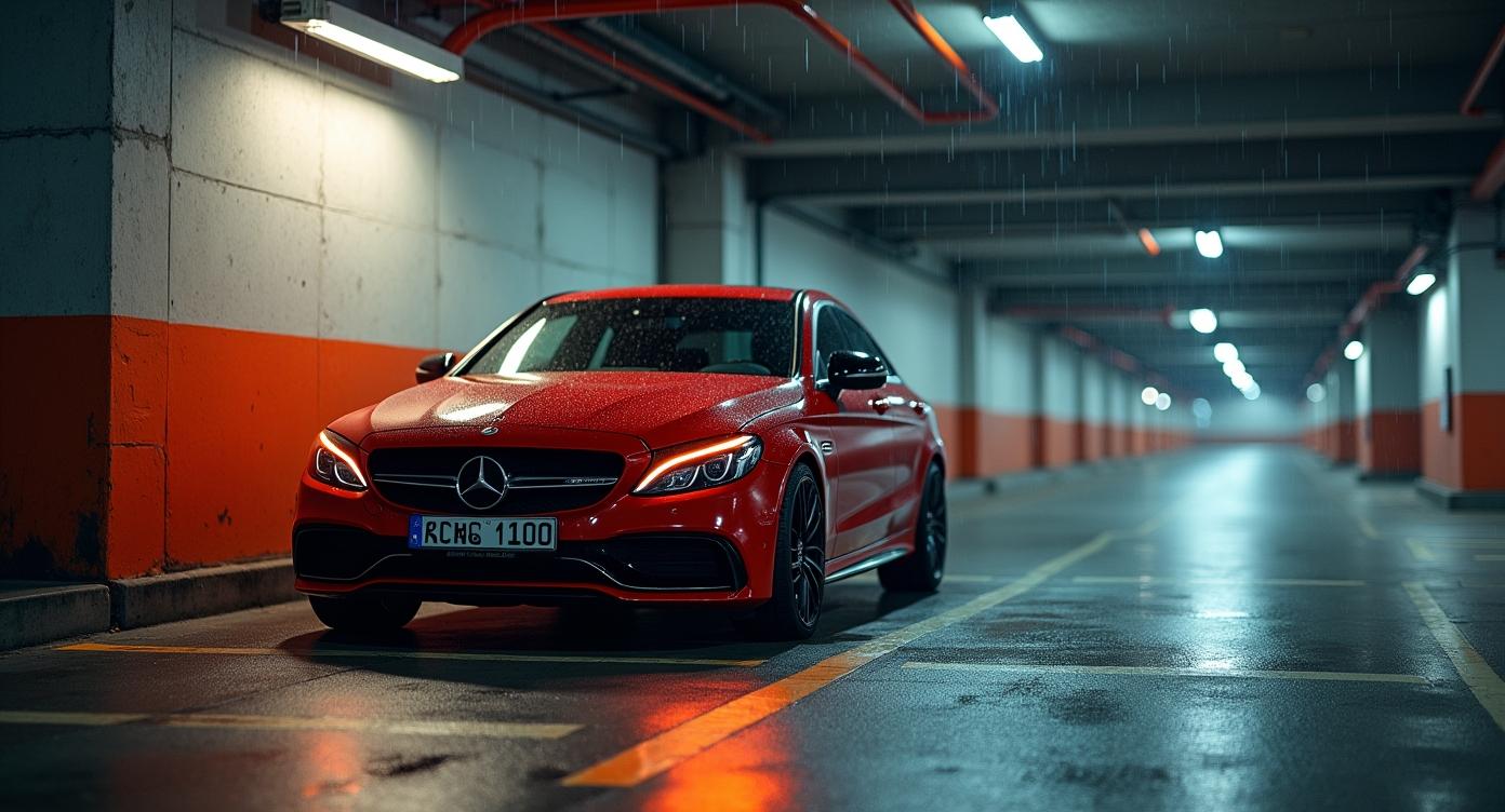 Vivid red car parked against weathered grey concrete wall in a dimly lit parking garage with mixed warm and cool lighting