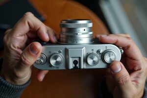 Fotografenhanden die fysieke draaiknoppen voor sluitertijd en ISO bedienen op een Fujifilm-camera met Amsterdamse straat op de achtergrond