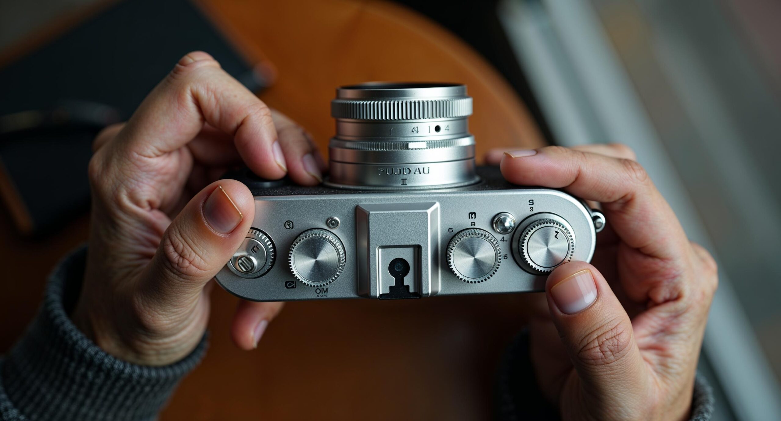 Fotografenhanden die fysieke draaiknoppen voor sluitertijd en ISO bedienen op een Fujifilm-camera met Amsterdamse straat op de achtergrond