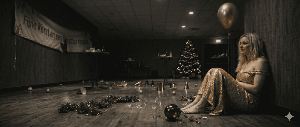 Wide-angle cinematic photograph of a desolated post-Christmas office hall. The overall color palette is heavily desaturated and moody (gritty grey and charcoal tones), making the woman in the foreground stand out in vibrant, sharp relief. A young blonde woman with a tearful expression, barefoot and wearing a brilliant, shimmering golden sequined gala dress, is huddled in the right foreground against a dark textured wall. Her face is buried in her arms, radiating pure despair, untouched by the desaturation, with one strap of her dress slipped off her shoulder. The rest of the vast hall is rendered in grim, lifeless, deeply shadowed tones. The wooden plank floor, with dark and distinct pieces of trash like a few shattered gold party hats, some torn green tinsel, shattered glasses, and baubles on the floor, are muted to near-grayscale. Tall, haphazard bistro tables are scattered haphazardly and tilted kriskras through the empty space. A single solitary golden balloon (desaturated to a cool greyish-gold hue) floats prominently just above the woman’s head. On the wall behind her, a large, expensive-looking banner is torn and hanging crookedly, reading: "Fijne Kerst en een fantastisch nieuwjaar." (muted to appear as an old scroll). In the far distance, a small, dimly lit Christmas tree (heavily muted) and a glowing green 'UIT' exit sign provide the only other light. Shot on 35mm film, high contrast chiaroscuro lighting, deep shadows, realistic textures, no CGI, widescreen 21:9.