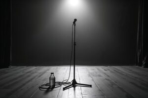 Verlaten podium na een concert in zwart-wit met een microfoonstandaard onder een spotlicht en achtergelaten kabels op het houten vloeroppervlak