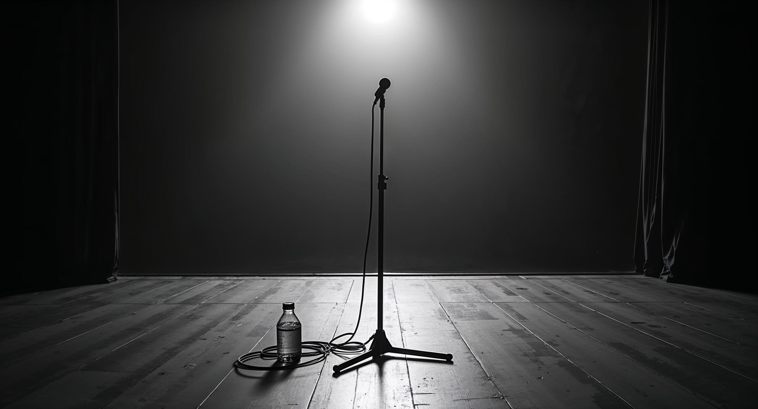 Verlaten podium na een concert in zwart-wit met een microfoonstandaard onder een spotlicht en achtergelaten kabels op het houten vloeroppervlak