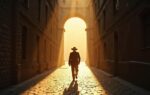 Elderly man in a hat pauses in a sunlit beam inside a narrow shadowed European alley, framed by stone walls with a glowing archway in the background