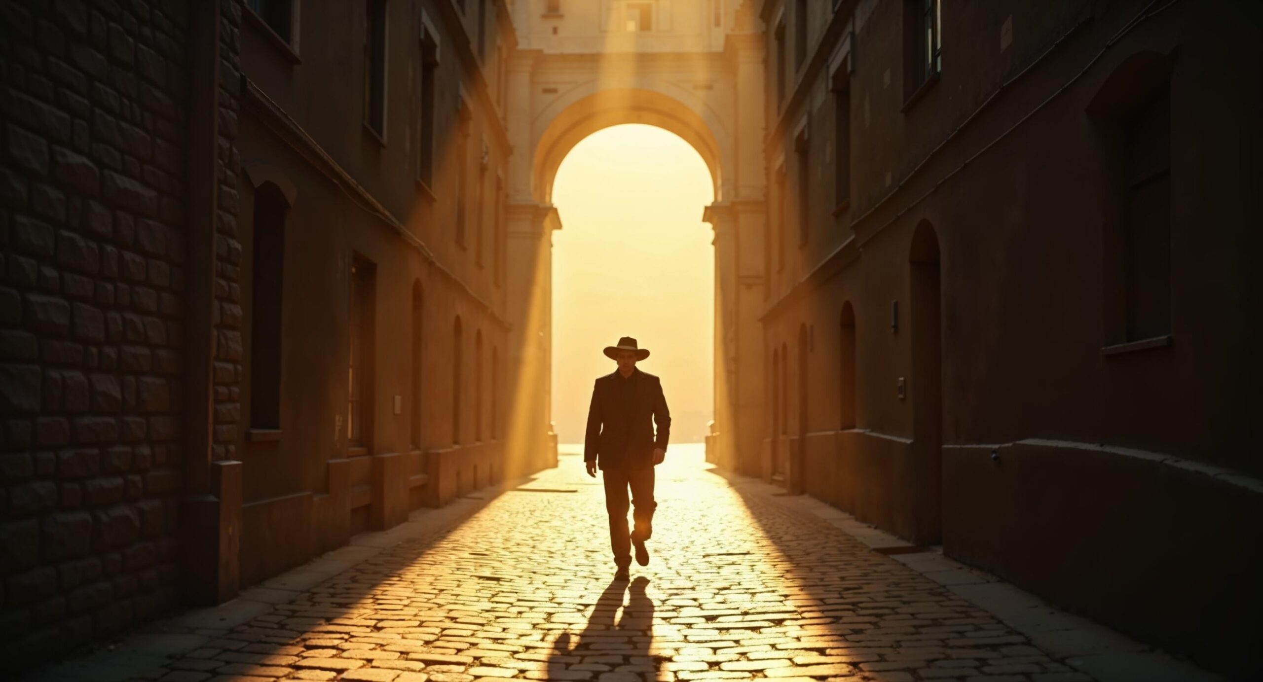 Elderly man in a hat pauses in a sunlit beam inside a narrow shadowed European alley, framed by stone walls with a glowing archway in the background