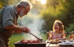 Man concentreert zich op het grillen van vlees op een houtskoolbarbecue terwijl een lachend meisje met saus op haar neus op de achtergrond zit aan een rommelige tuintafel