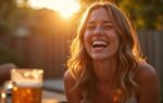 Vrouw lacht ontspannen tijdens een zomerse BBQ terwijl gouden tegenlicht door haar haar schijnt en een beslagen bierglas op de voorgrond zacht onscherp is