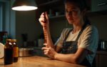 Vrouw bekijkt een net ontwikkeld 35mm kleurennegatief bij warm lamplight in een thuiskeuken met ontwikkelchemicaliën op het aanrecht