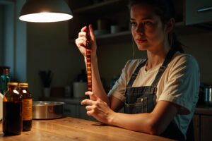 Vrouw bekijkt een net ontwikkeld 35mm kleurennegatief bij warm lamplight in een thuiskeuken met ontwikkelchemicaliën op het aanrecht