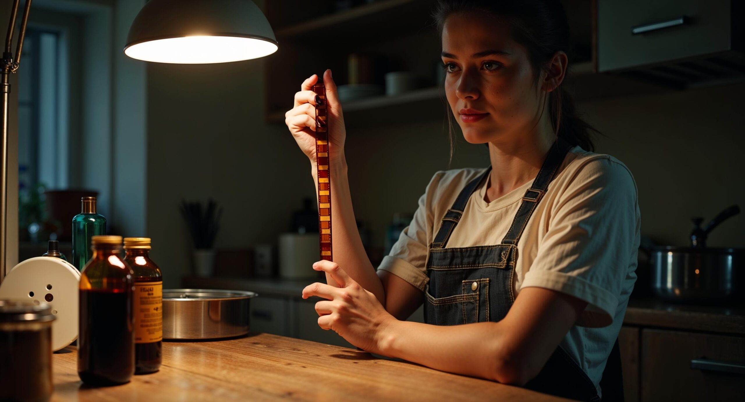 Vrouw bekijkt een net ontwikkeld 35mm kleurennegatief bij warm lamplight in een thuiskeuken met ontwikkelchemicaliën op het aanrecht