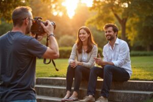 Fotograaf stuurt twee personen aan op stenen treden buiten tijdens gouden uur, met natuurlijke houdingen en zachte achtergrondvervaging