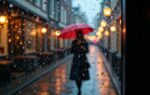 View through a rain-covered café window in Amsterdam at dusk, sharp droplets in foreground refracting bokeh street lights while a blurred woman with red umbrella walks the wet cobblestone street outside