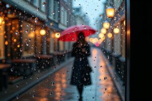 View through a rain-covered café window in Amsterdam at dusk, sharp droplets in foreground refracting bokeh street lights while a blurred woman with red umbrella walks the wet cobblestone street outside