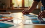 Photographer reviewing colorful prints on a wooden table in warm morning light, exploring the difference between color and black-and-white photography