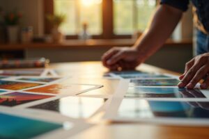 Photographer reviewing colorful prints on a wooden table in warm morning light, exploring the difference between color and black-and-white photography