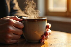 Weathered hands holding an ordinary ceramic mug in soft morning window light, steam rising, shallow depth of field revealing extraordinary beauty in an everyday object